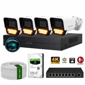 Proton 4 Kameralı Mikrofonlu Sesli 4K POE IP Kamera Seti