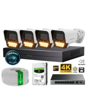 Proton 4 Kameralı Mikrofonlu Sesli 4K POE IP Kamera Seti