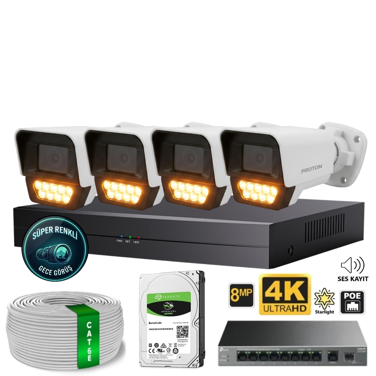 Proton 4 Kameralı Mikrofonlu Sesli 4K POE IP Kamera Seti Proton 4 Kameralı Mikrofonlu Sesli 4K POE IP Kamera Seti
