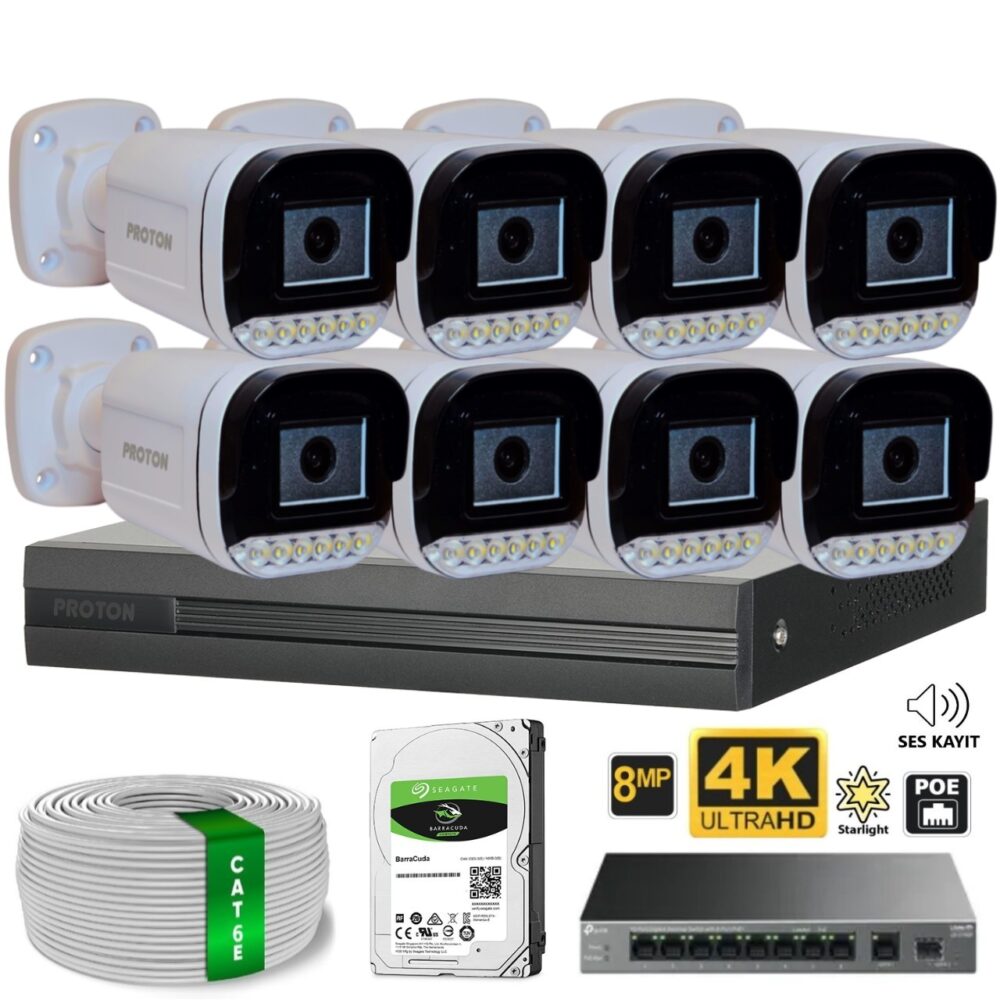 Proton 8 Kameralı Mikrofonlu Sesli 4K POE IP Kamera Seti