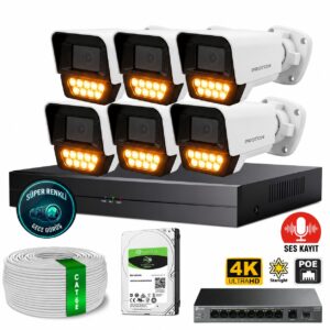 Proton 6 Kameralı Mikrofonlu Sesli 4K POE IP Kamera Seti
