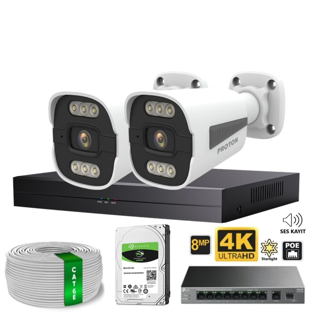 Proton 2 Kameralı Mikrofonlu Sesli 4K POE IP Kamera Seti