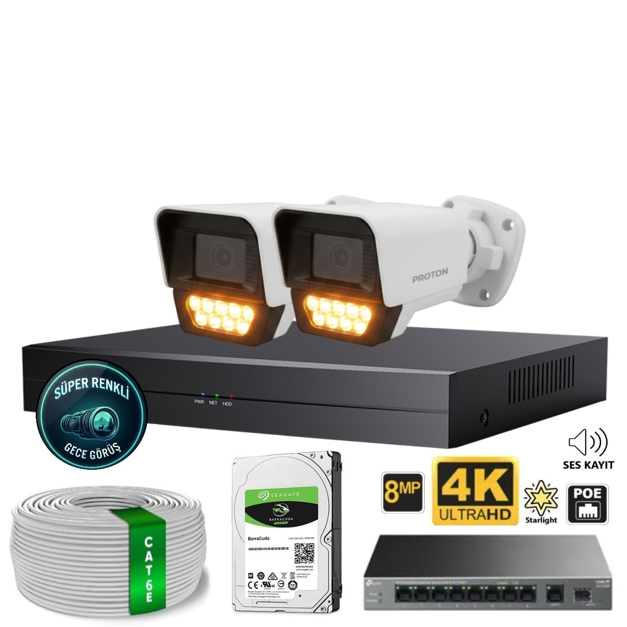 Proton 2 Kameralı Mikrofonlu Sesli 4K POE IP Kamera Seti Proton 2 Kameralı Mikrofonlu Sesli 4K POE IP Kamera Seti