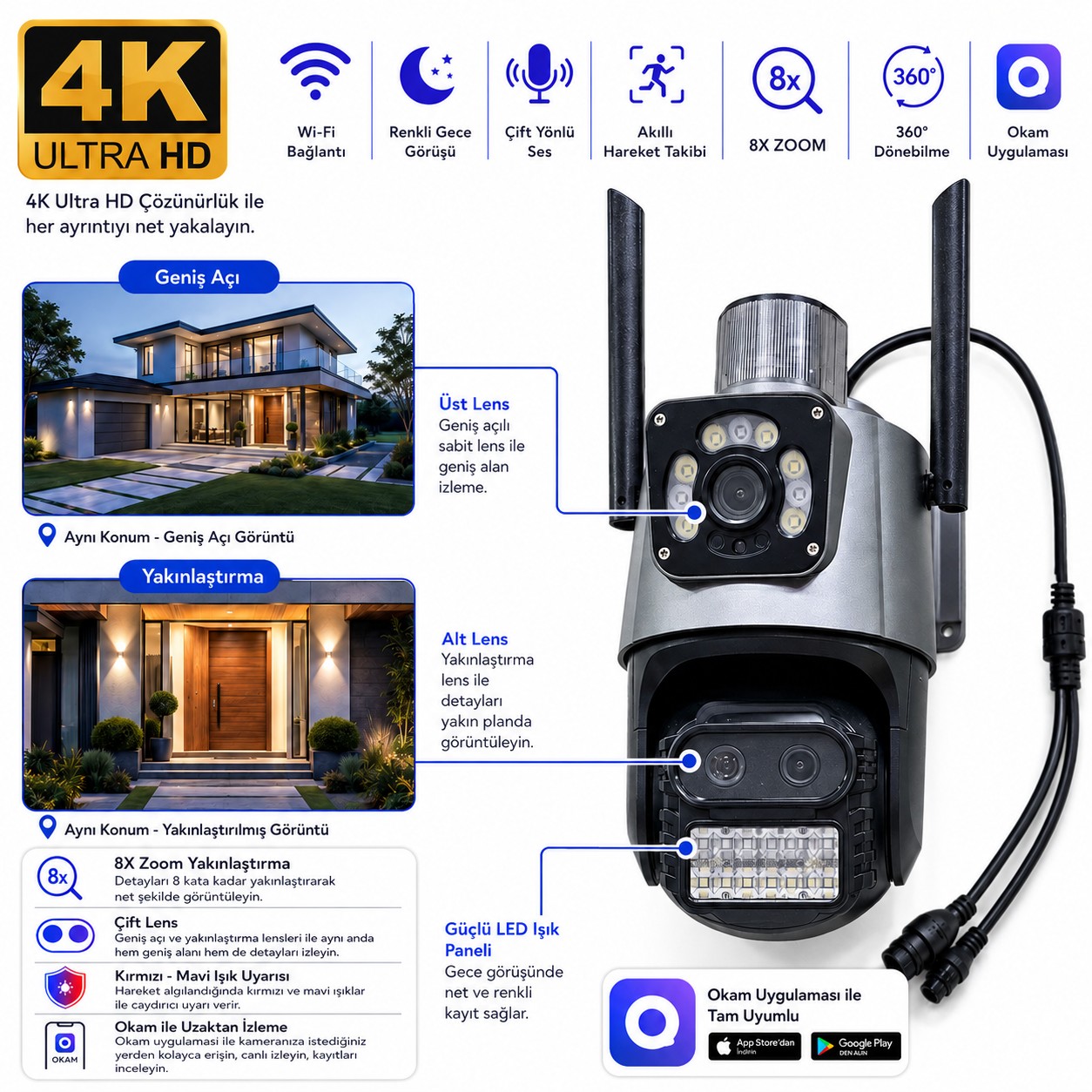 Okam 4K Motorlu 8x Optik Zoom 360 Alarmlı Wifi Kablosuz Güvenlik Kamerası Okam 4K Motorlu 8x Optik Zoom 360 Alarmlı Wifi Kablosuz Güvenlik Kamerası