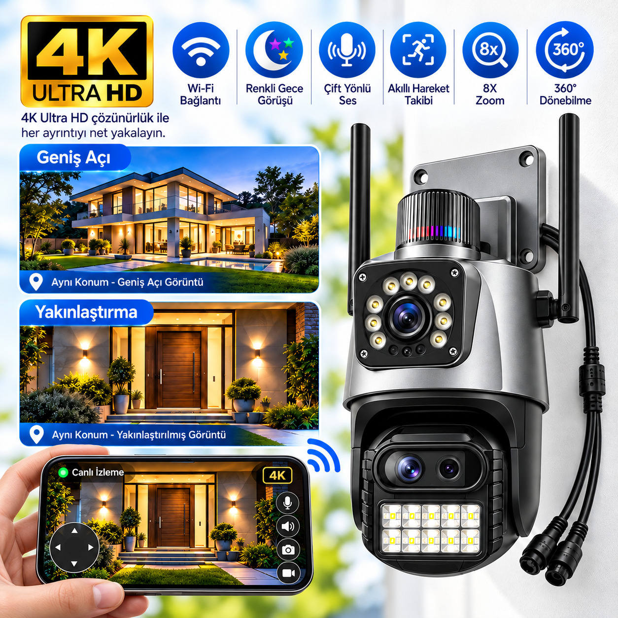 Proton 4K Motorlu 8x Optik Zoom 360 Alarmlı Wifi Kablosuz Okam Güvenlik Kamerası Proton 4K Motorlu 8x Optik Zoom 360 Alarmlı Wifi Kablosuz Okam Güvenlik Kamerası