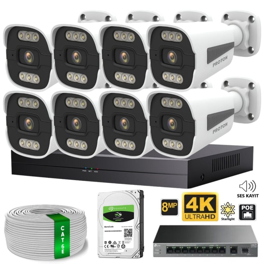Proton 8 Kameralı Mikrofonlu Sesli 4K POE IP Kamera Seti