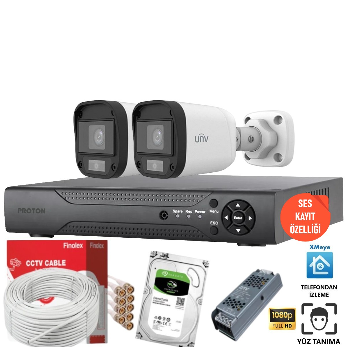 UNV 2 Kameralı Mikrofonlu Ses Kayıtlı Güvenlik Kamerası Seti UNV 2 Kameralı Mikrofonlu Ses Kayıtlı Güvenlik Kamerası Seti