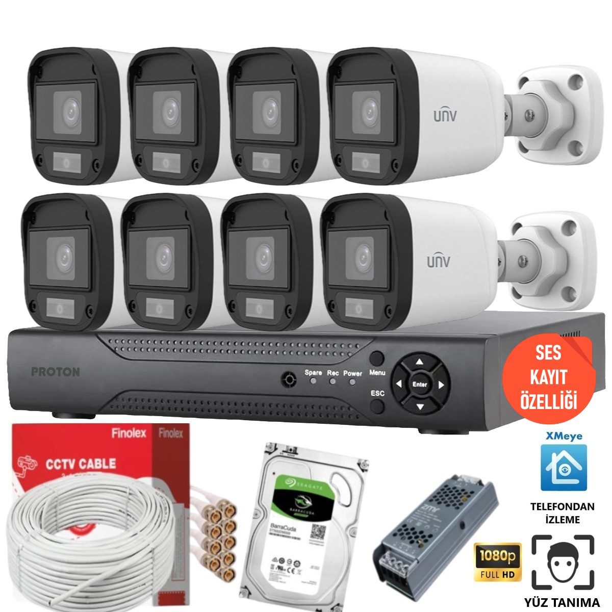 UNV 8 Kameralı Mikrofonlu Ses Kayıtlı Güvenlik Kamerası Seti UNV 8 Kameralı Mikrofonlu Ses Kayıtlı Güvenlik Kamerası Seti