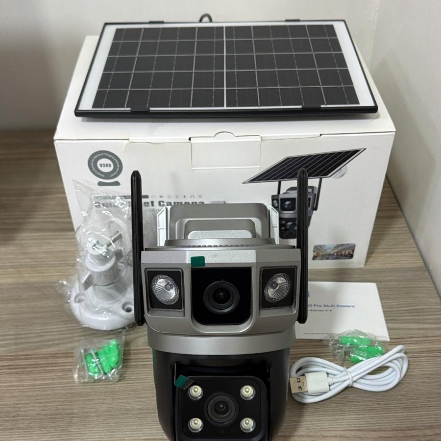 V380 PRO Çift Lens Sim Kartlı Solar Panelli Güneş Enerjili Kamera