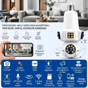 3 Kameralı Ampul Duya Takılan Kablosuz Wifi Akıllı Güvenlik Kamerası